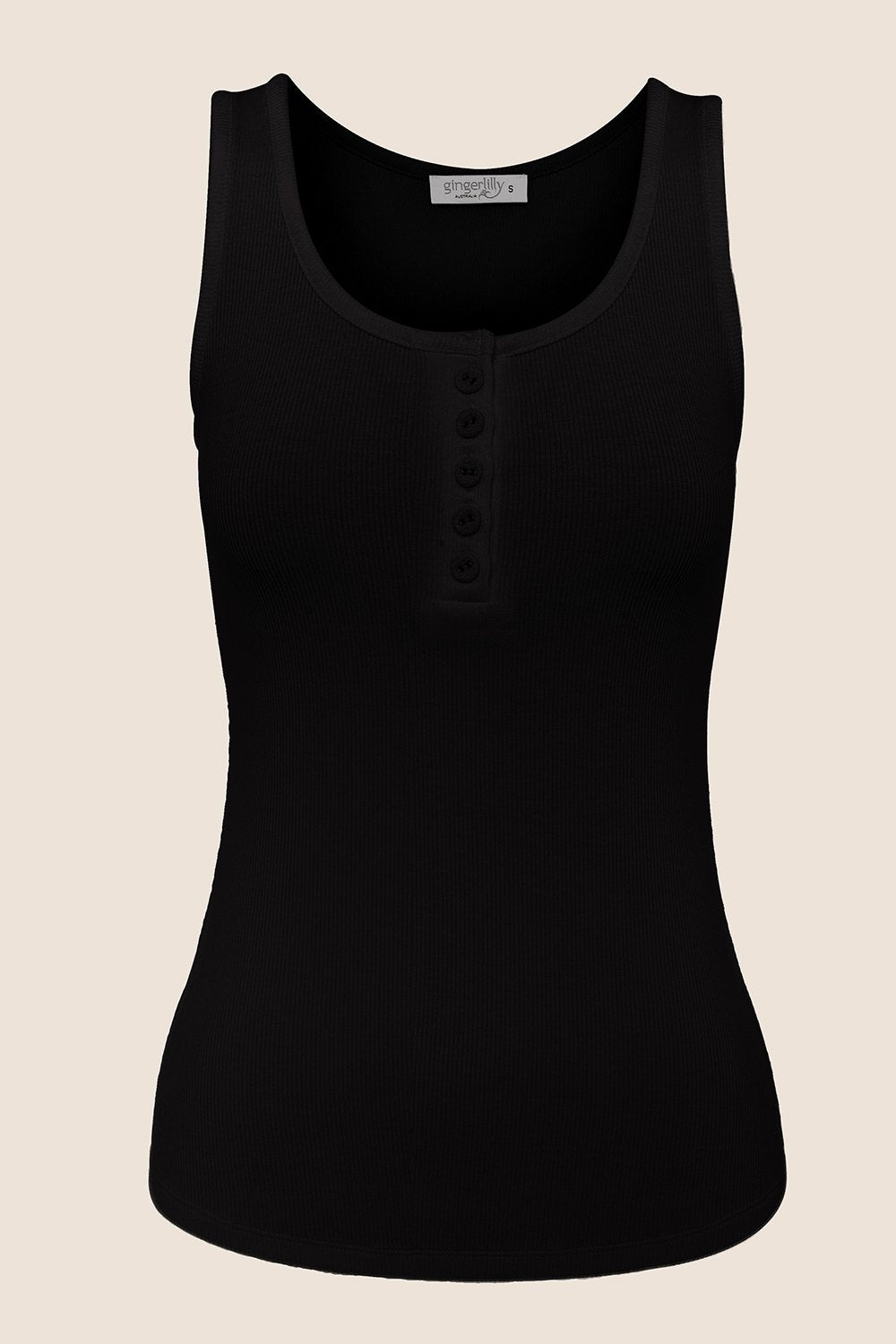 Gingerlilly Liberty Ribbed Singlet Henley Top | Black