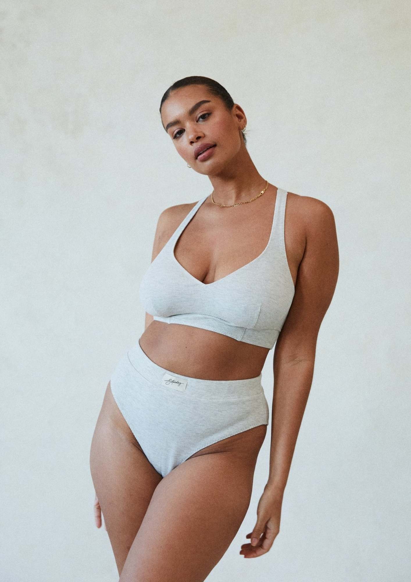 Elle Ribbed Knit Boyfriend Cotton Brief | Marle Grey - Souszy -Saturday The Label - Front