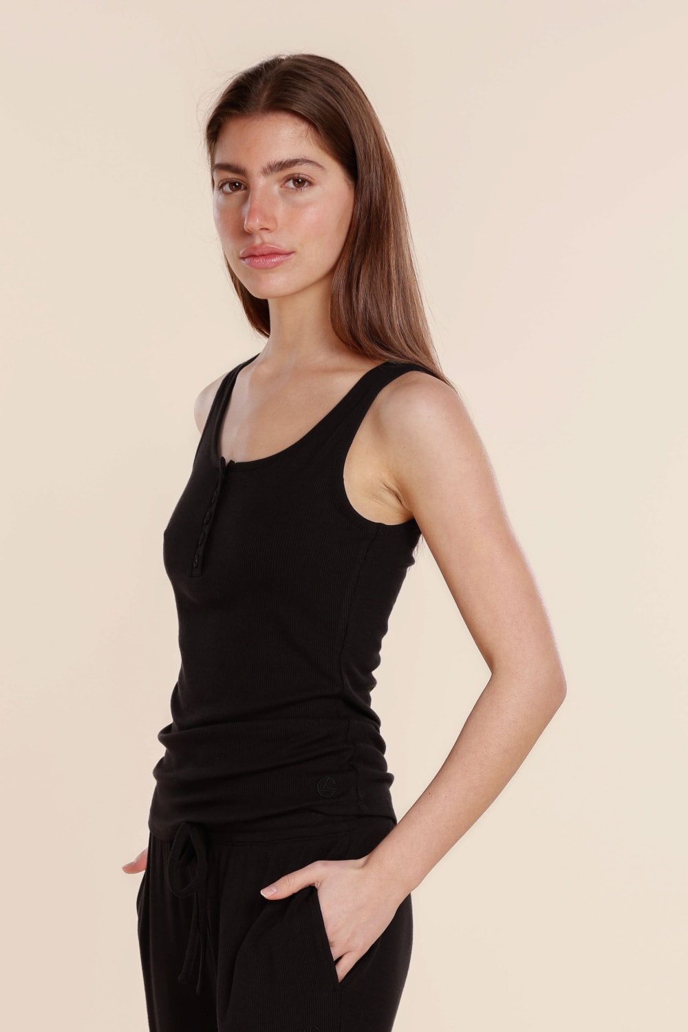 Gingerlilly Liberty Ribbed Singlet Henley Top | Black